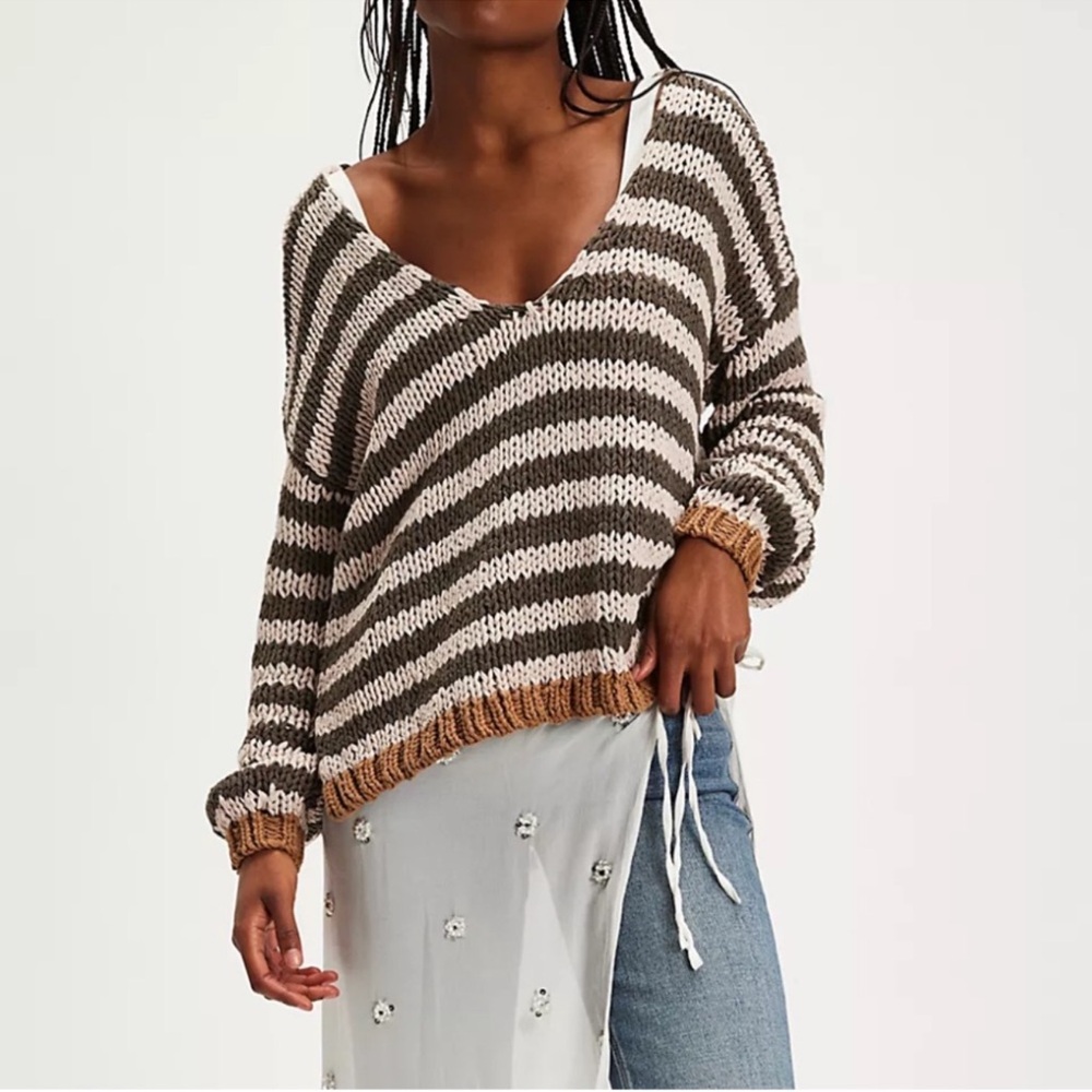 Free People Portland Pullover Striped V-neck Sweater